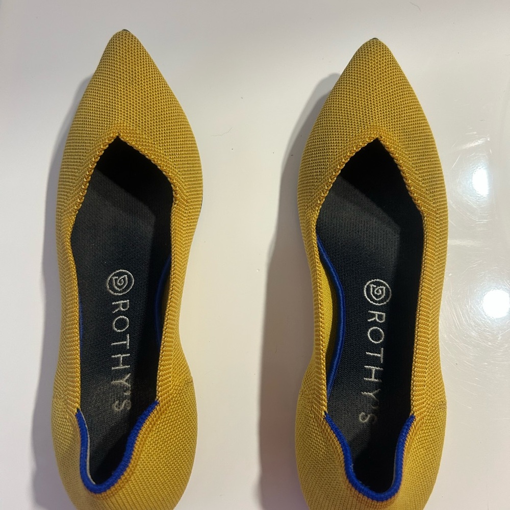 Rothy's Mustard Yellow Flats with Blue Trim